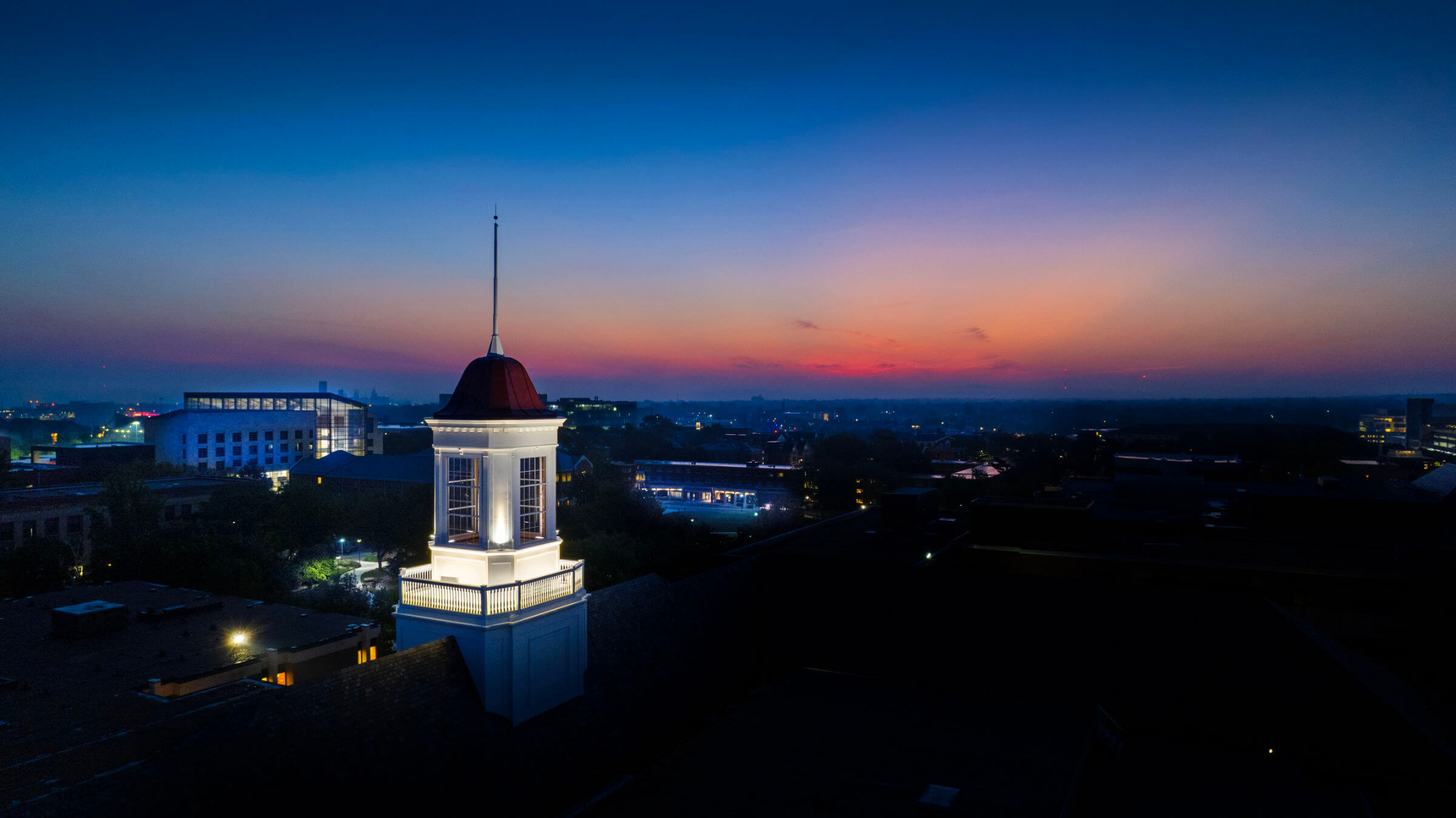 Love Library cupola with other buildings in background at sunrise